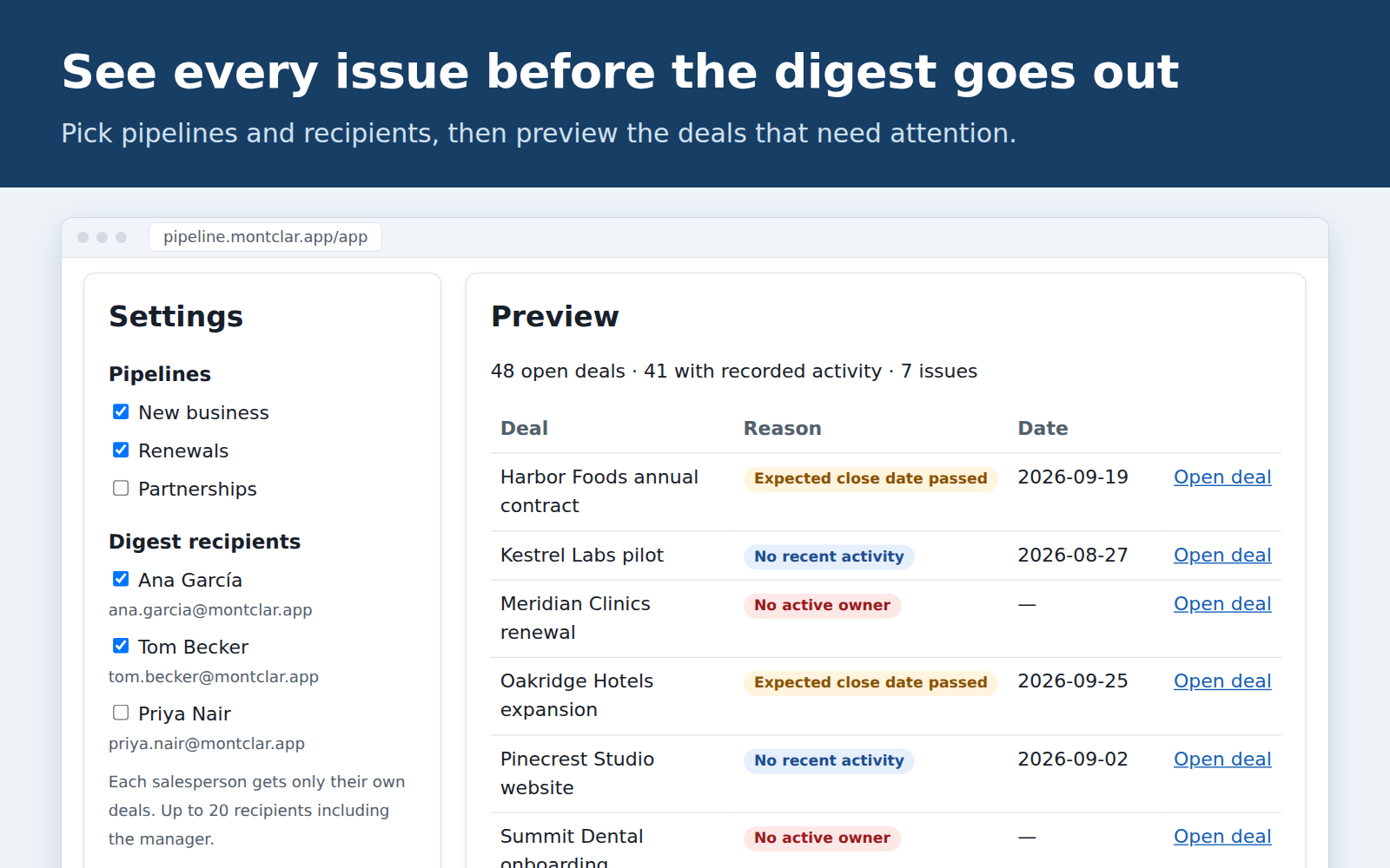 Dashboard with the settings and a preview of the current issues